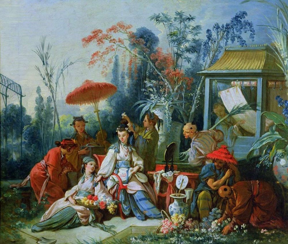 Europeans dressed in oriental clothing, surrounded by oriental items from China and the middle east, drink tea served by servant